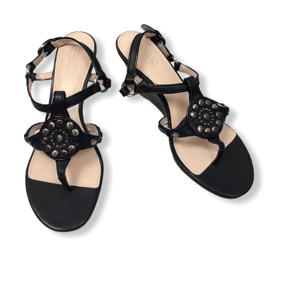 Coach Harper Sz 9B Black Leather Wedge Sandal - Picture 3 of 7